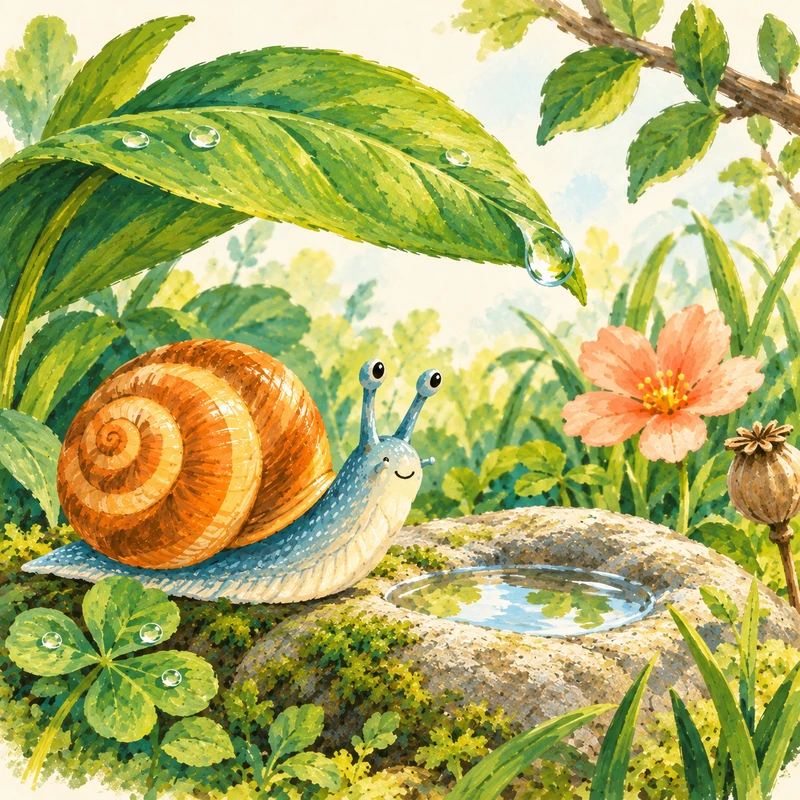 A little snail beside a pool in a garden of green leaves and peach flowers.